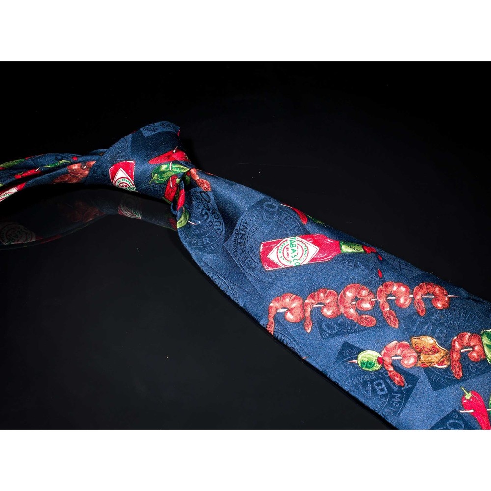 Tabasco Sauce 100% Silk Tie Navy Multicolor Kabab Motif Mens Silk Necktie USA